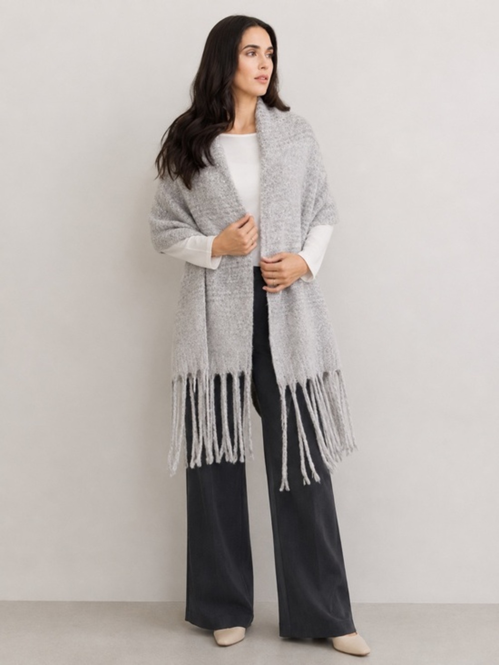 Mer-Sea Oversized Boho Fringe Blanket Scarf Wrap Heather Gray Stripes
